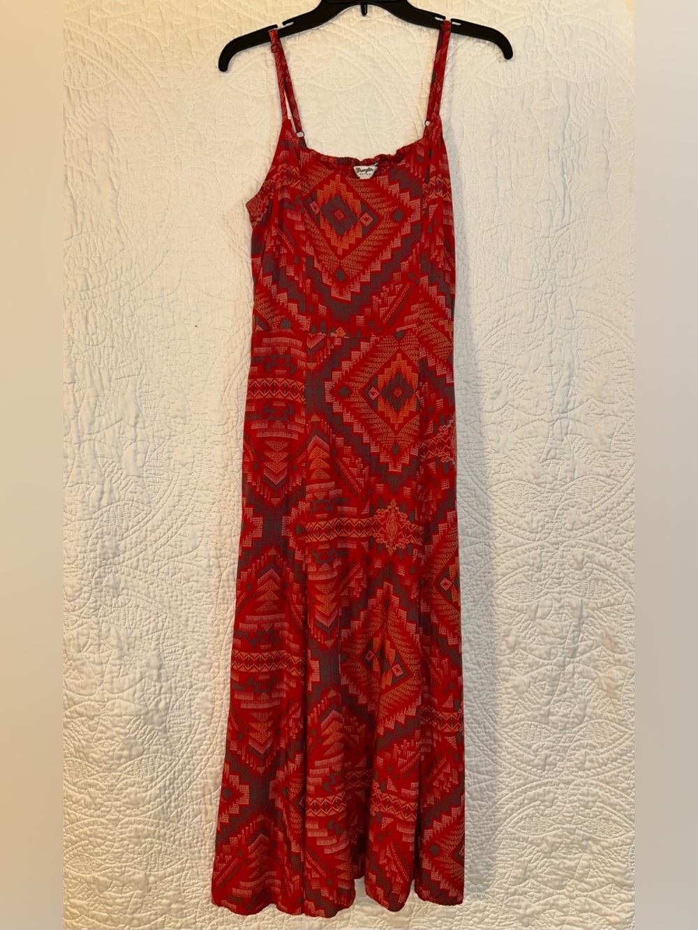 Bold Red/Turquoise Geometric-Print Maxi Dress with Adjustable Straps